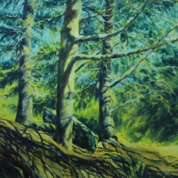Pintura titulada "Fir tree in lights" por Yana Solare, Obra de arte original, Oleo Montado en Bastidor de camilla de madera