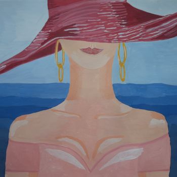 Painting titled "Lady in hat on the…" by Yanasarttreasures, Original Artwork, Gouache