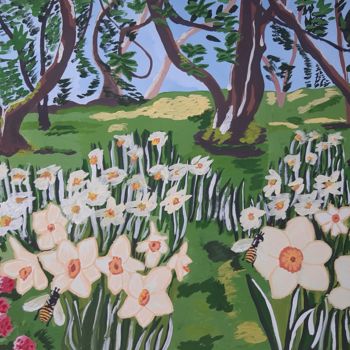 Картина под названием "Summer daffodil fie…" - Yanasarttreasures, Подлинное произведение искусства, Гуашь