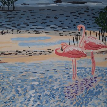 Schilderij getiteld "Flamingoes couple i…" door Yanasarttreasures, Origineel Kunstwerk, Gouache