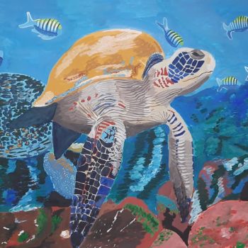 Painting titled "Sea turtle with tro…" by Yanasarttreasures, Original Artwork, Gouache