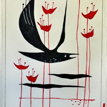 Painting titled "Bird and flowers" by Yanka, Original Artwork, Marker