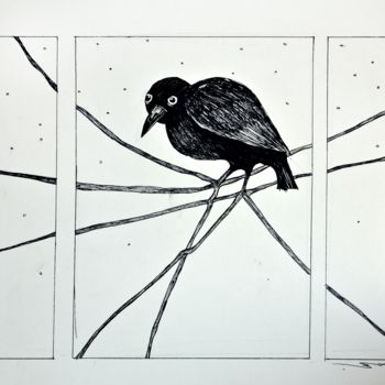 Dibujo titulada "bird on the branch" por Yanka, Obra de arte original, Tinta