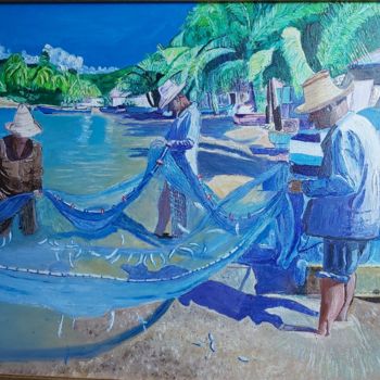 Malerei mit dem Titel "les Antilles" von Yanick Monteil, Original-Kunstwerk, Öl Auf Keilrahmen aus Holz montiert