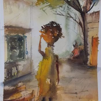 Painting titled "porteuse indienne" by Yann Chalopin, Original Artwork, Watercolor