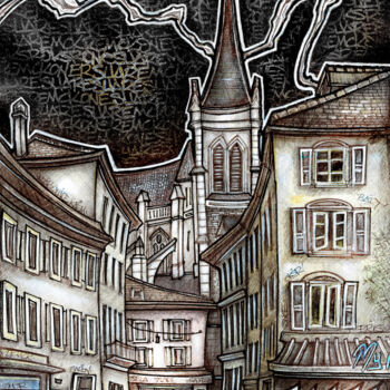 Dibujo titulada "Rue de l'Hôtel de v…" por Yannick Touanen, Obra de arte original, Tinta