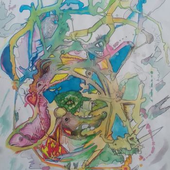 Drawing titled "dragons autour d'un…" by Yanosky, Original Artwork, Ink