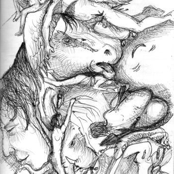 Zeichnungen mit dem Titel "ange déchue" von Yanosky, Original-Kunstwerk, Kugelschreiber