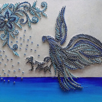 Textile Art με τίτλο "Aigle" από Muriel Courtioux, Αυθεντικά έργα τέχνης, Υφαντικές ίνες Τοποθετήθηκε στο Ξύλινο πάνελ