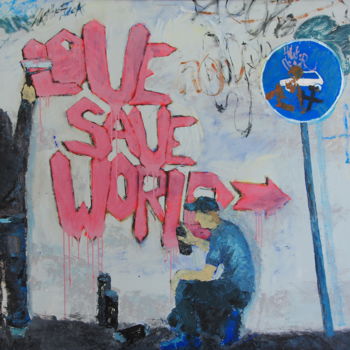 Painting titled "Love save the world" by Yaroslav Yasenev, Original Artwork, Oil Mounted on Wood Stretcher frame