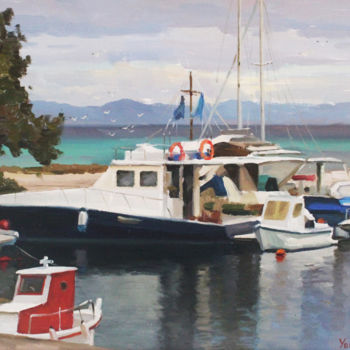 Malerei mit dem Titel "Boats in the bay" von Ksenia Yarovaya, Original-Kunstwerk, Öl