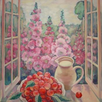 Painting titled "Окно в сад, черешня…" by Yasna, Original Artwork, Oil