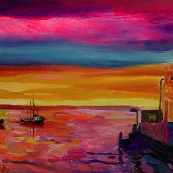 Painting titled "Sunset at bay light…" by Nataliya Yatel, Original Artwork, Oil