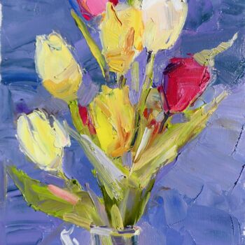 Painting titled "Flowers Tulips" by Yehor Dulin, Original Artwork, Oil Mounted on Wood Stretcher frame