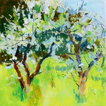 Painting titled "Apple Orchard paint…" by Yehor Dulin, Original Artwork, Oil Mounted on Wood Stretcher frame