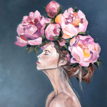Peinture intitulée "The girl is a peony" par Yelena Rybalkina, Œuvre d'art originale, Huile Monté sur Carton