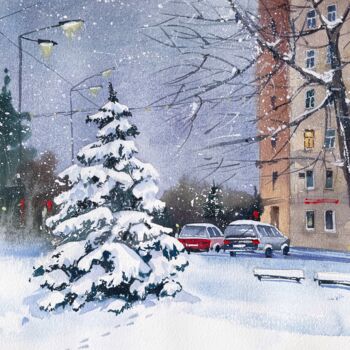 Pittura intitolato "Winter city-ORIGINA…" da Evgeniia Salamatina, Opera d'arte originale, Acquarello