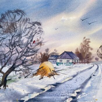 Schilderij getiteld "Winter village-ORIG…" door Evgeniia Salamatina, Origineel Kunstwerk, Aquarel