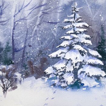 Painting titled "Winter forest -ORIG…" by Evgeniia Salamatina, Original Artwork, Watercolor