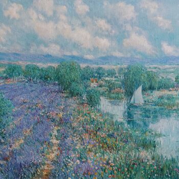 Painting titled "Lavender Field, Pro…" by Yevhenii Chernov, Original Artwork, Oil Mounted on Wood Stretcher frame