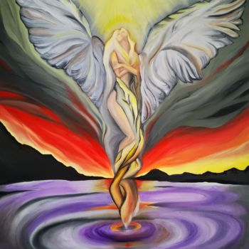 Painting titled "The Archangel" by Yeyaiel, Original Artwork, Oil Mounted on Wood Stretcher frame