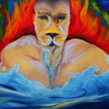 Painting titled "Lion Man" by Yeyaiel, Original Artwork, Oil Mounted on Wood Stretcher frame