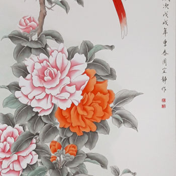 Drawing titled "Camellia and red Ma…" by Ching, Original Artwork, Ink