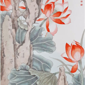 Drawing titled "Lotus and two lovel…" by Ching, Original Artwork, Ink