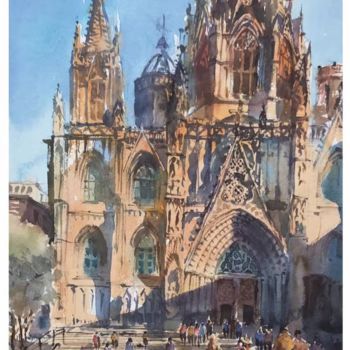 Painting titled "Iglesia de Barcelon…" by Yile Lin, Original Artwork, Watercolor