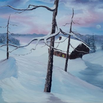 Painting titled "Happy Snow" by Yobe, Original Artwork, Oil Mounted on Wood Stretcher frame