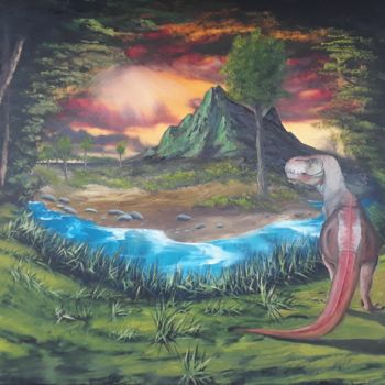 Painting titled "Wild world: T-rex" by Yobe, Original Artwork, Oil Mounted on Wood Stretcher frame