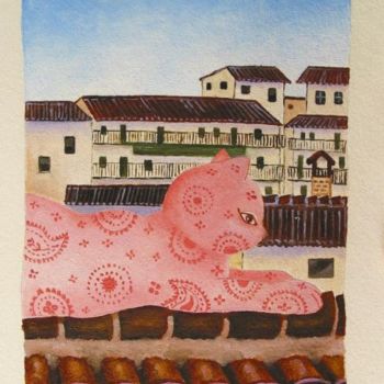 Painting titled "Gatos en Chinchón" by Yolanda Castro Contreras, Original Artwork