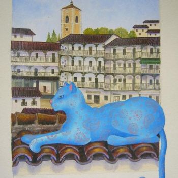 Painting titled "Gatos en Chinchón" by Yolanda Castro Contreras, Original Artwork