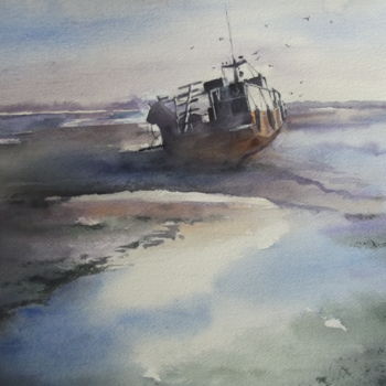 Painting titled "A marée basse" by Yolande Lefever, Original Artwork, Watercolor