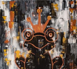 Painting titled "The King Frog" by Celine Monteiro, Original Artwork, Acrylic Mounted on Wood Stretcher frame