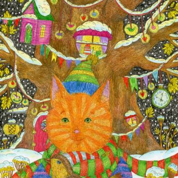 Rysunek zatytułowany „Ginger kitten and b…” autorstwa Ekaterina Karpushchenkova, Oryginalna praca, Conté