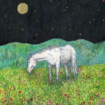 Malarstwo zatytułowany „White horse grazing…” autorstwa Ekaterina Karpushchenkova, Oryginalna praca, Akwarela