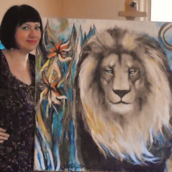 Malarstwo zatytułowany „Lion aux yeux Azur” autorstwa Isabelle Charpentier, Oryginalna praca, Akryl