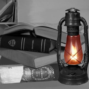 Photography titled "Old Books with Lamp." by Netta Yudkevich, Original Artwork