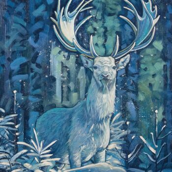 Painting titled "Frosty Stag" by Yue Zeng, Original Artwork, Oil