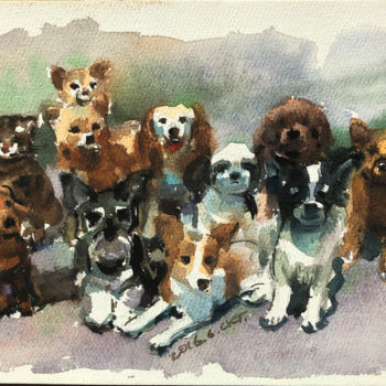 Painting titled "adorable dogs" by Yugang Chen, Original Artwork, Watercolor