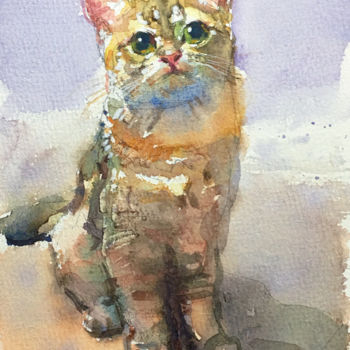 Painting titled "The Cat Pisa" by Yugang Chen, Original Artwork, Watercolor