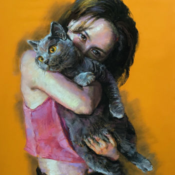 Tekening getiteld "The girl and the cat" door Yugang Chen, Origineel Kunstwerk, Pastel