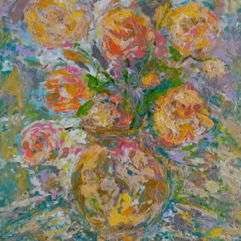 Картина под названием "Tea roses" - Yulia Dolgorukova, Подлинное произведение искусства, Масло