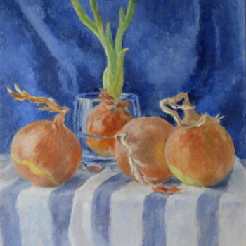 Painting titled "Onions on blue" by Yulia Ivanova, Original Artwork, Oil
