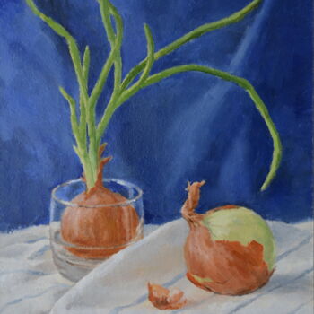 Painting titled "Onions on blue 2" by Yulia Ivanova, Original Artwork, Oil