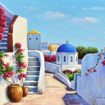 Painting titled "Greek Village" by Yulia Nikonova, Original Artwork, Oil Mounted on Wood Stretcher frame