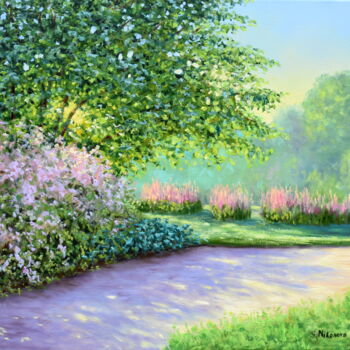 Painting titled "Morning Garden" by Yulia Nikonova, Original Artwork, Oil Mounted on Wood Stretcher frame