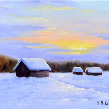 Painting titled "Cold Sunset" by Yulia Nikonova, Original Artwork, Oil Mounted on Wood Stretcher frame