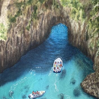 Malerei mit dem Titel "Boats in the bay" von Yulia Risevets, Original-Kunstwerk, Aquarell